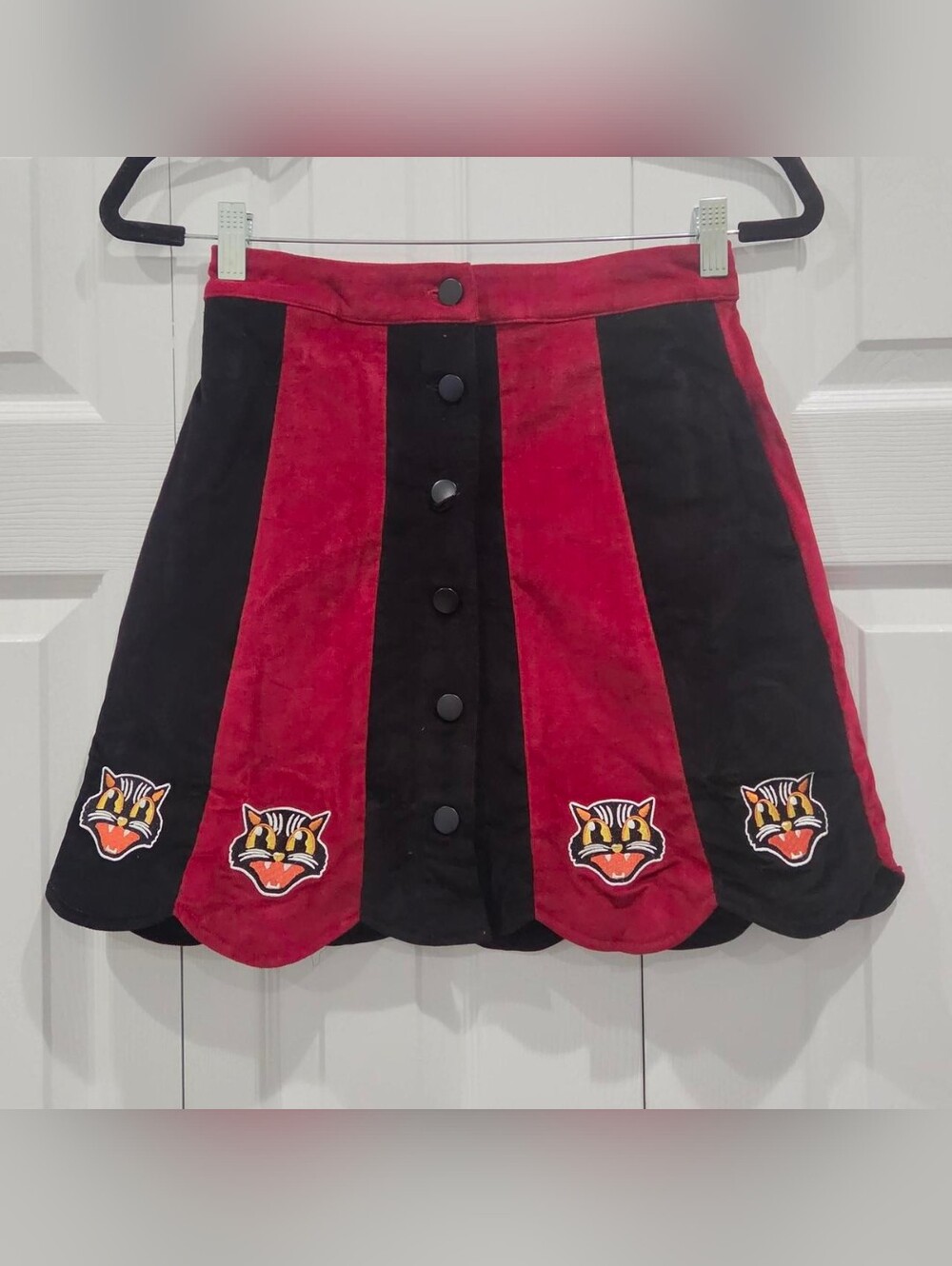 NWT Smak Parlour Burgundy & Black Stripe Spooky Cat Corduroy Mini Skirt from Uni